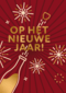 nieuwjaarskaart met fles die plopt en vuurwerk
