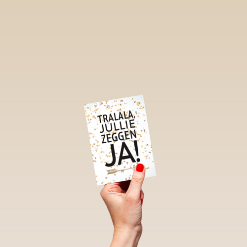 huwelijks kaart tralala jullie zeggen ja met confetti