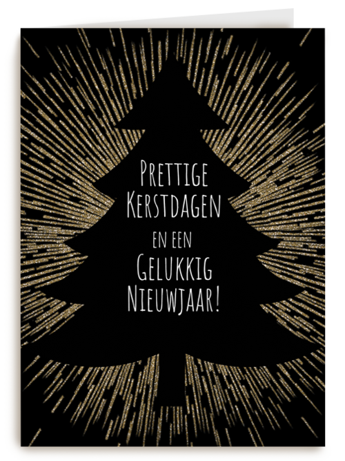 stijlvolle kerstkaart met boom en gouden stralen