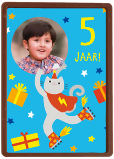 Feestende kat 5 jaar fotokaart