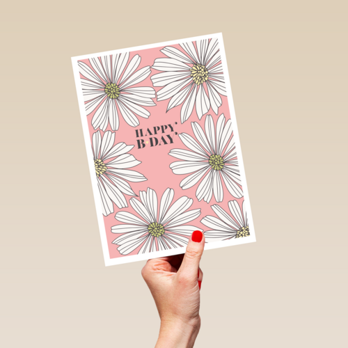 Verjaardagskaart roze met witte bloemen