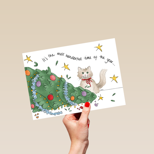 Kerstkaart grappig Kat met omgevallen kerstboom