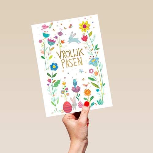 Paaskaart Vrolijk Pasen met bloemen