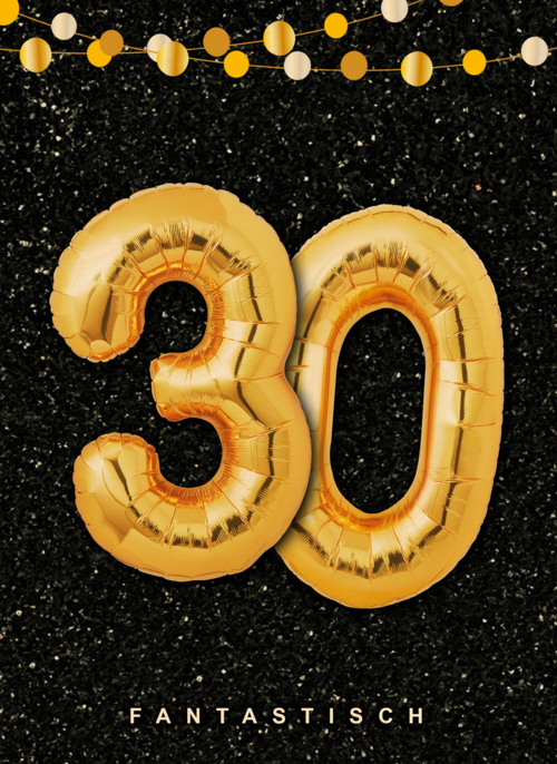 Verjaardagskaart leeftijden 30 ballonletters