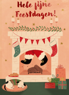 kerstkaart met kerstman in de schoorsteen