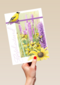 gele vogel met paarse bloemen