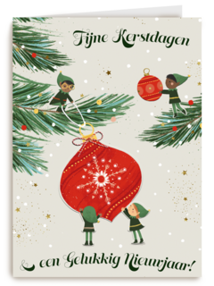 kerstkaart elven die kerstboom optuigen