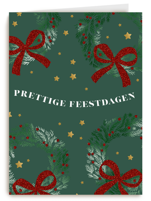 kerstkaart met kerststrikken op groene achtergrond