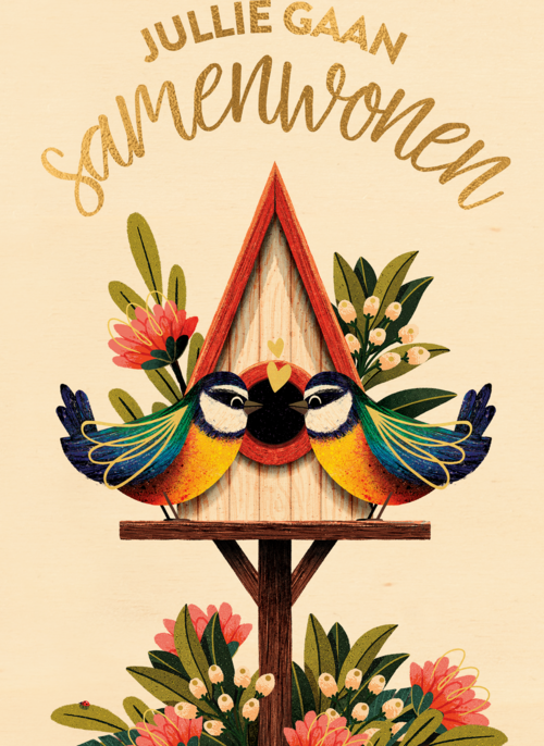 Houten Kaart Samenwonen | Houten Kaart Hallmark | Samenwonen | Samenwonen Kaart 2 Vogeltjes Met Vogelhuis