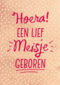 een grappig roze kaartje met de tekst hoera een lief meisje geboren