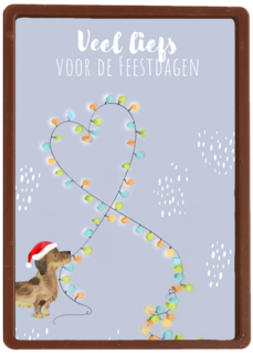 kerstkaart met hond en kerstverlichting