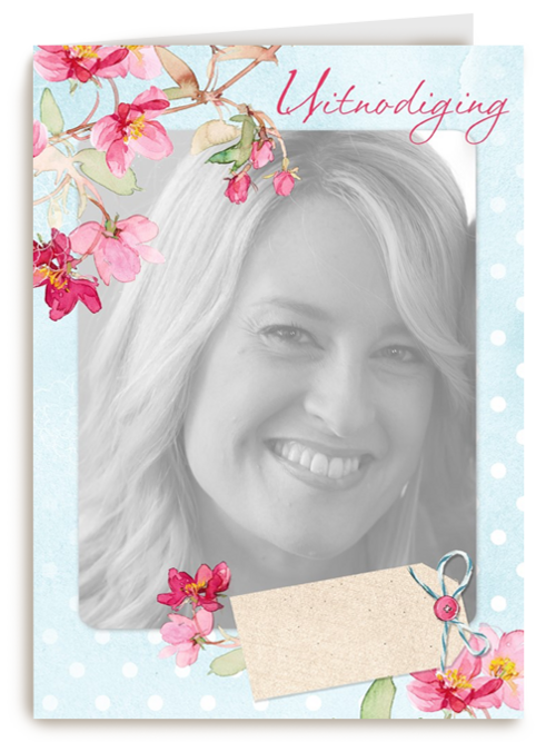 fotokaart uitnodiging jarig tak met bloemen