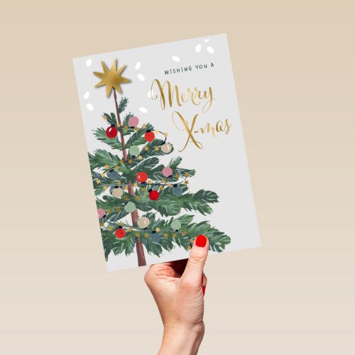 kerstkaart met kerstboom merry x mas
