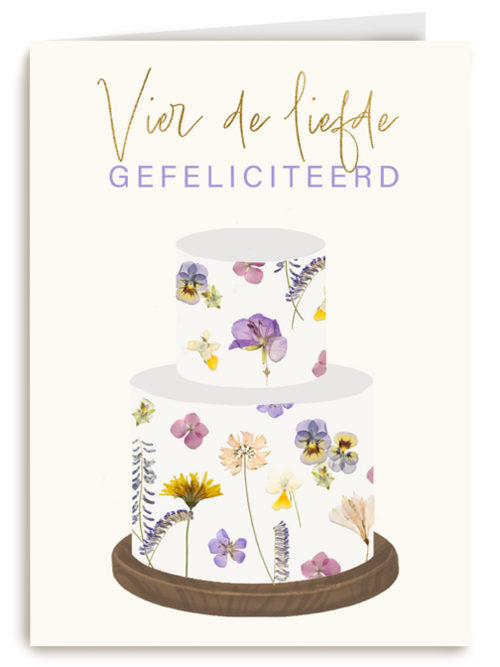 huwelijkskaart met grote taart en de tekst vier de liefde gefeliciteerd