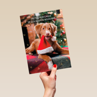 Kerstkaart klassiek Hond met kerstmuts