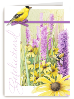 gele vogel met paarse bloemen
