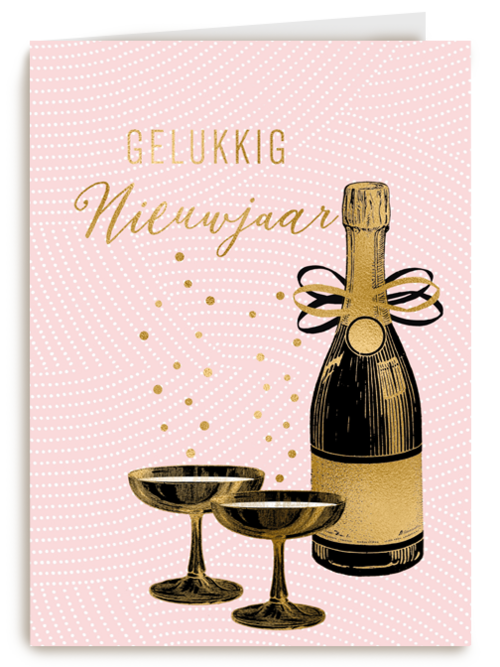 gelukkig nieuwjaar met flesje champagne en glazen