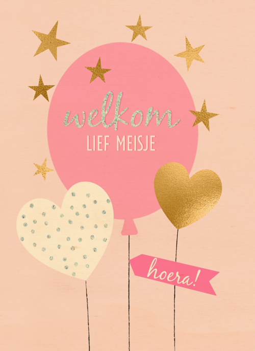 babykaart dochter welkom lief meisje roze ballon