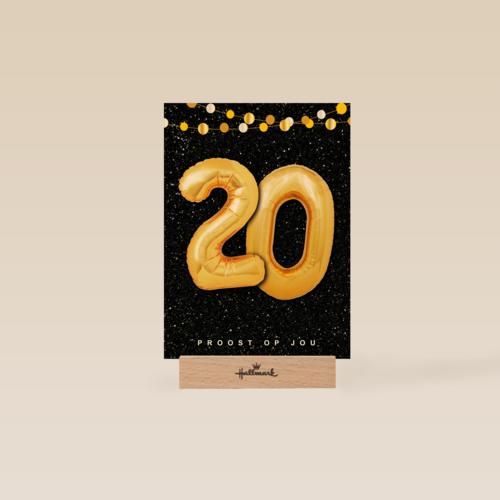 Verjaardagskaart leeftijden 20 ballonletters