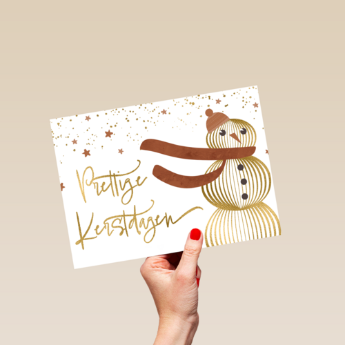 kerstkaart met goudkleurige sneeuwpop