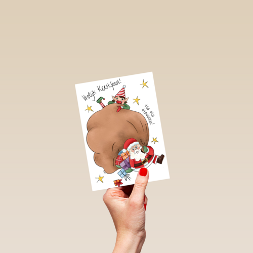kerstkaart vrolijk kerstman en elfje matia heesakkers