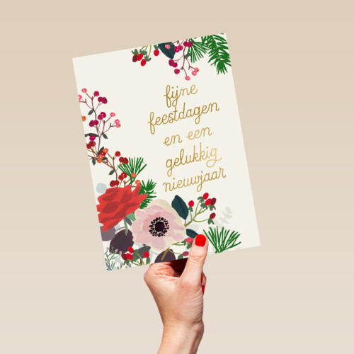 Kerstkaart klassiek bloemen en kersttak