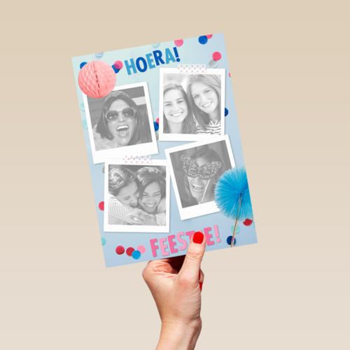 blauw roze hoera feestje kaart met confetti
