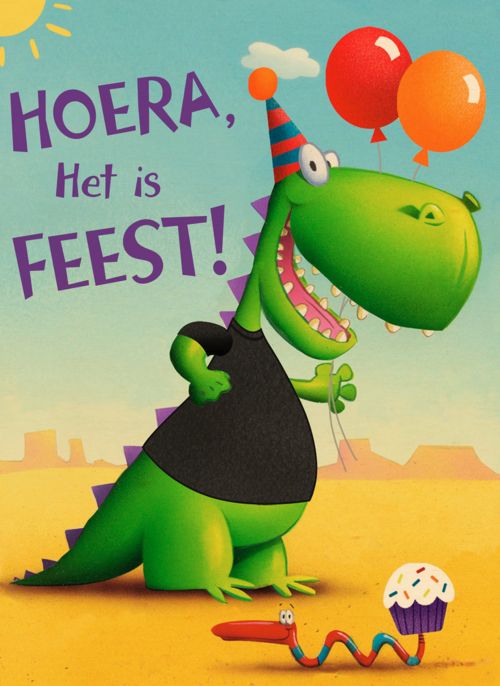t rex hoera het is feest kaart