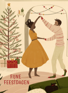 Kerstkaart dansen bij de kerstboom