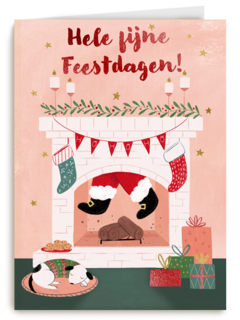 kerstkaart met kerstman in de schoorsteen