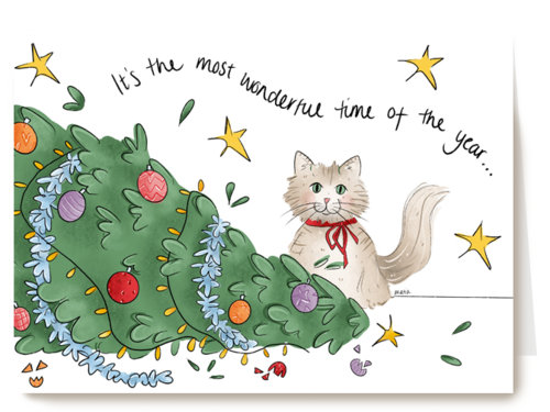 Kerstkaart grappig Kat met omgevallen kerstboom
