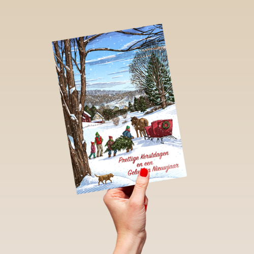 Klassieke kerstkaart met winter tafereel rendier