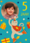 Feestende kat 5 jaar fotokaart