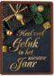 nieuwjaarskaart met gouden tekst en cadeaus