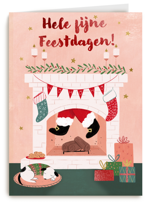 kerstkaart met kerstman in de schoorsteen