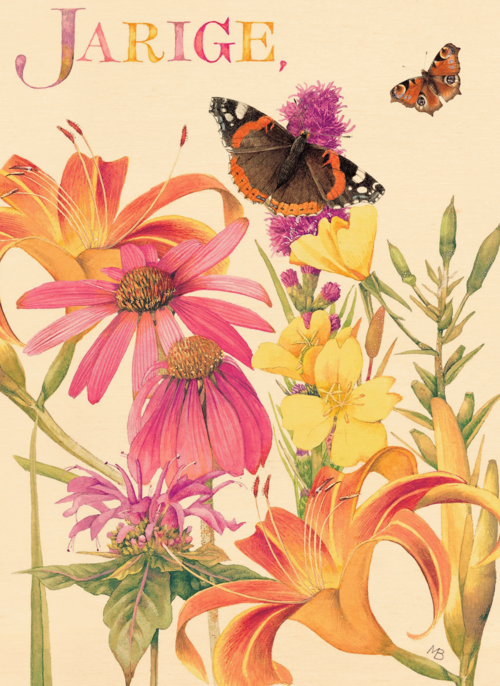 voor de jarige gekleurde bloemen en vlinders