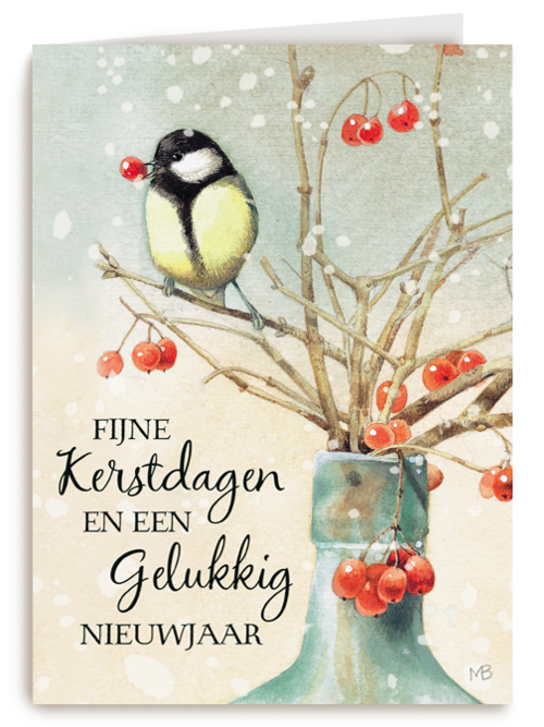 Kerstkaart Marjolein Bastin koolmees rode bes