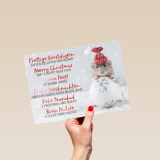 Kerstkaart meertalig muis met kerstbal
