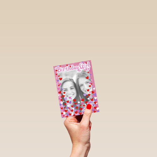 fotokaart birthday girl roze met hartjes