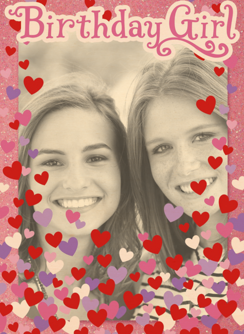 fotokaart birthday girl roze met hartjes