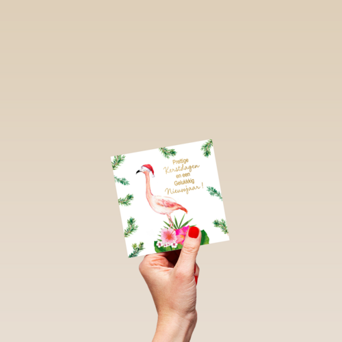 Kerstkaart hip Flamingo met kerstmuts