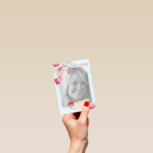 fotokaart uitnodiging jarig tak met bloemen