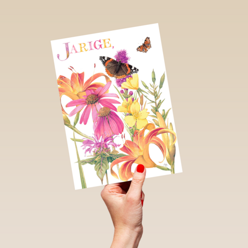 voor de jarige gekleurde bloemen en vlinders
