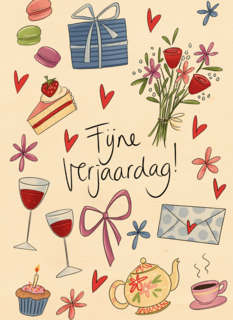 verjaardag kaart matia fijne verjaardag bloemen wijn taart