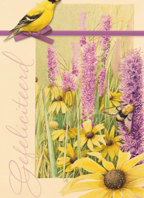 Houten Kaart Verjaardagskaarten | Gele Vogel Met Paarse Bloemen