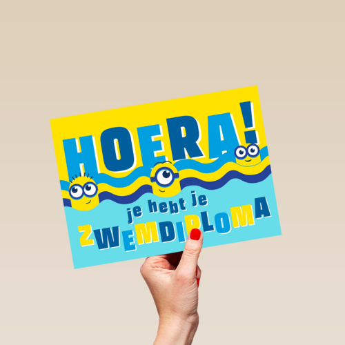 Minions kaart gefeliciteerd met zwemdiploma