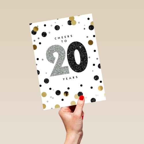 Verjaardagskaart leeftijden Cheers to 20 years wit en goud