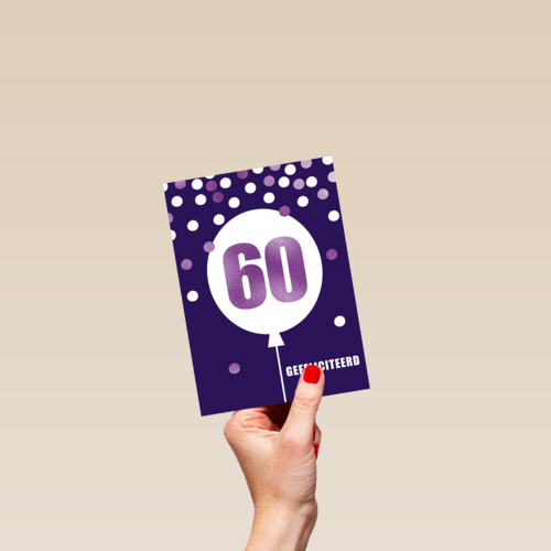 Verjaardagskaart leeftijden 60 paars ballon