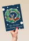 Blauwe kerstkaart kerstkrans rendier