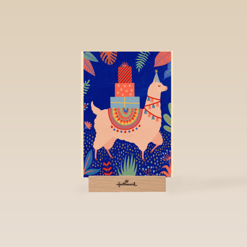 Verjaardagskaart tiener meisje lama met cadeautjes